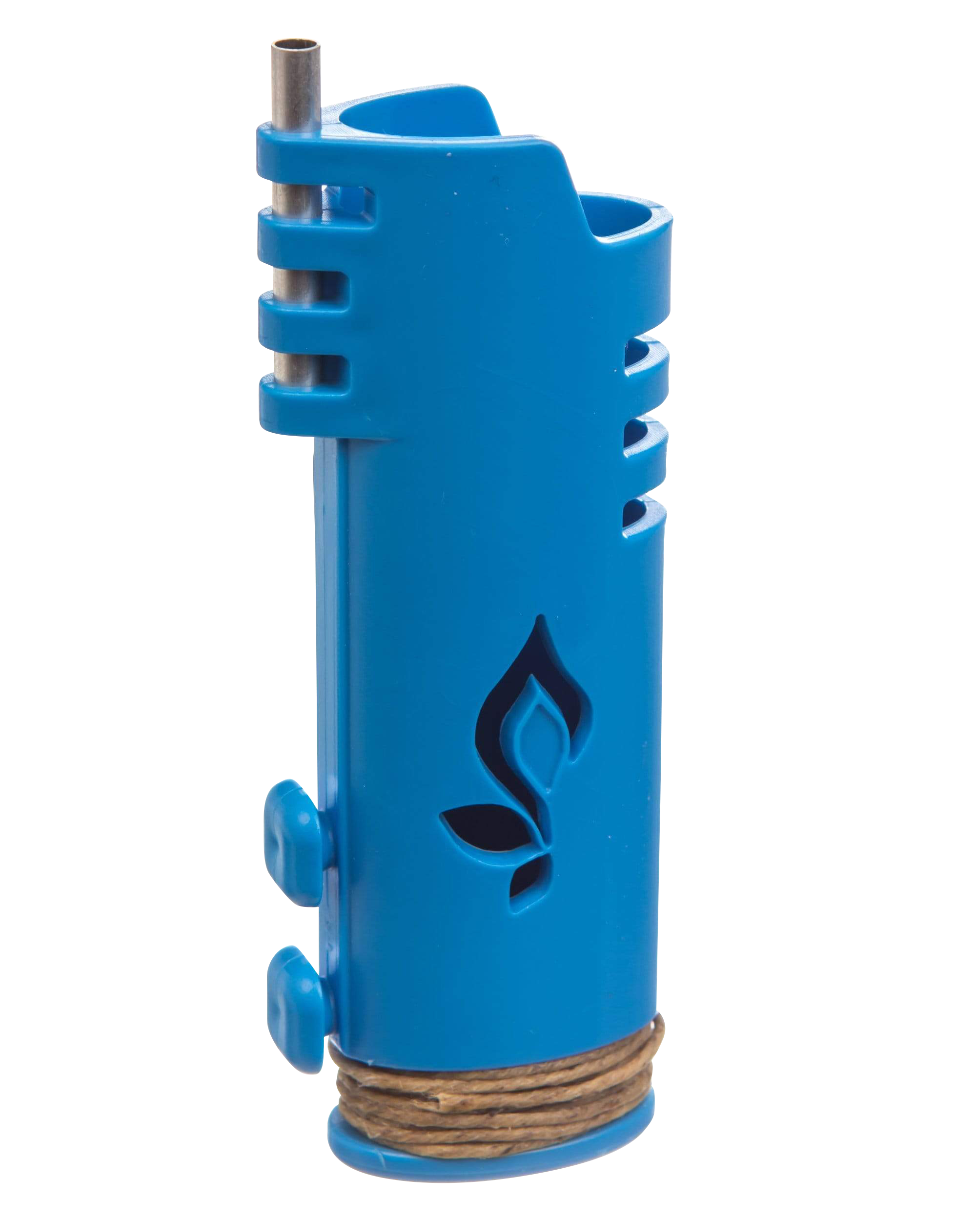 A close-up, angled view of the Hemplights Wrapper Lighter Case, a blue protective shell with textured grips.