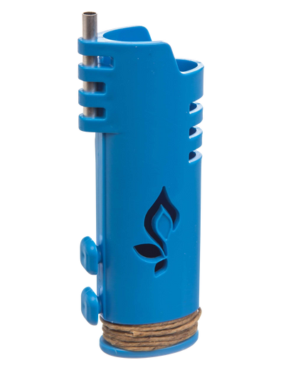 A close-up, angled view of the Hemplights Wrapper Lighter Case, a blue protective shell with textured grips.