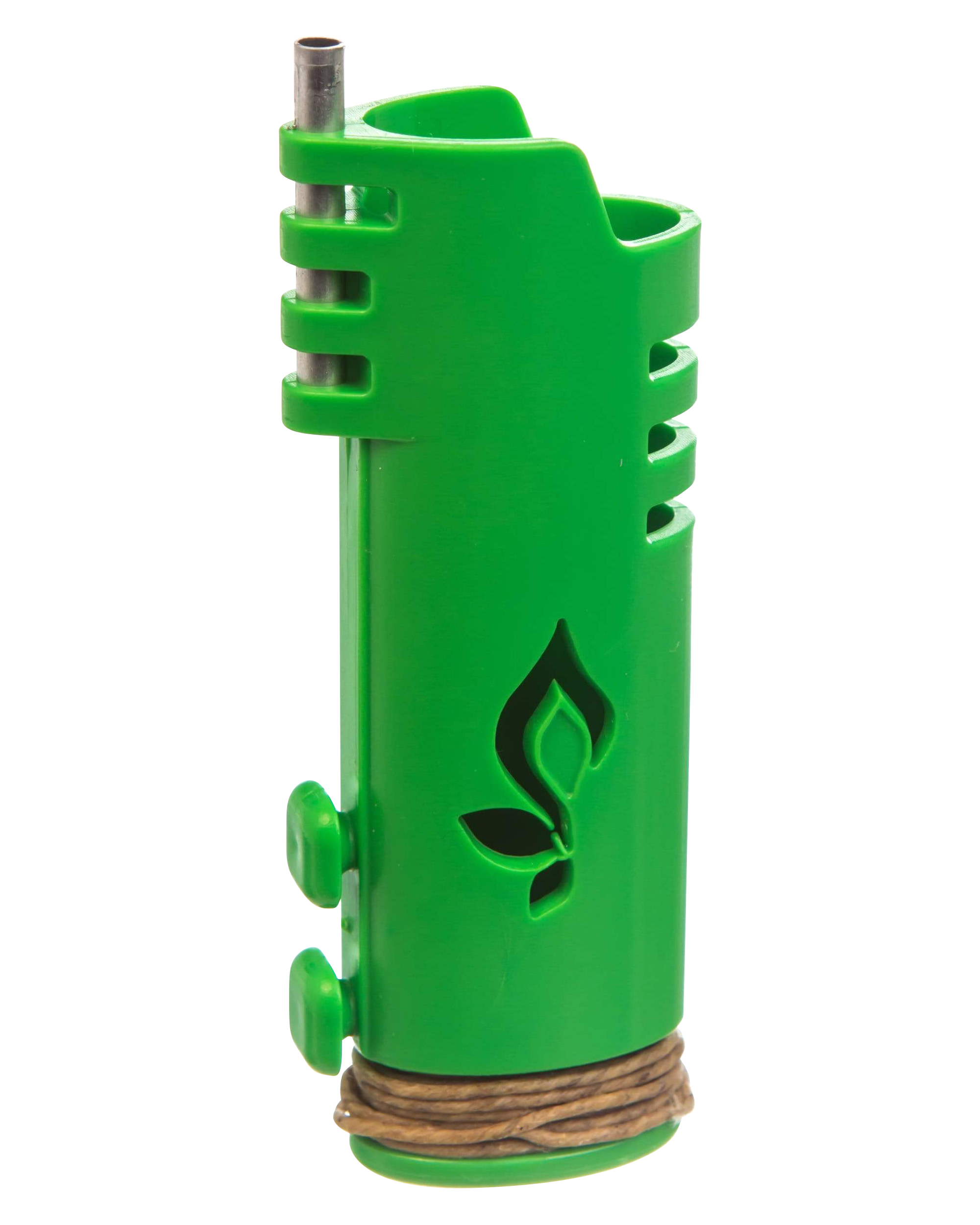 A front view of the Hemplights Wrapper Lighter Case, a green plastic shell with ribbed detailing and a clear opening.