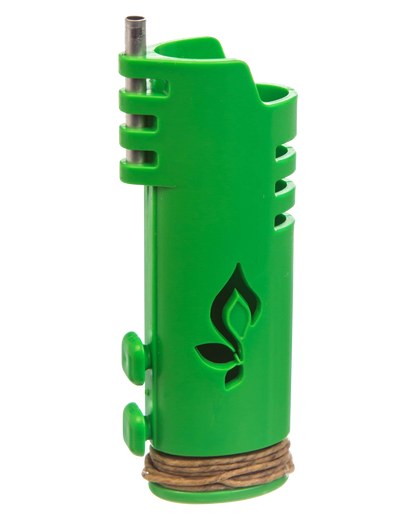 A front view of the Hemplights Wrapper Lighter Case, a green plastic shell with ribbed detailing and a clear opening.
