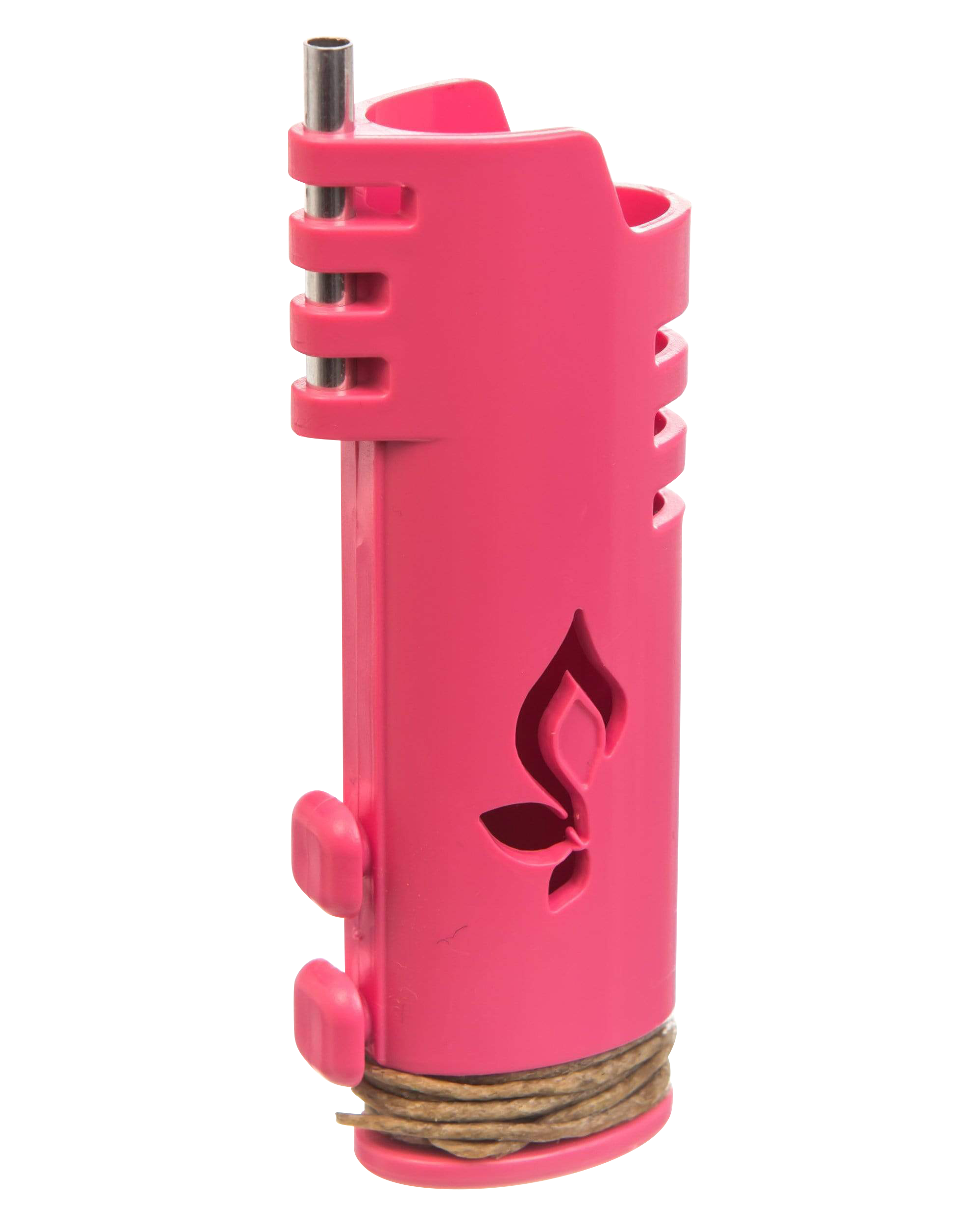 A side view of the Hemplights Wrapper Lighter Case in vibrant pink, showing its textured grip and protective shell.