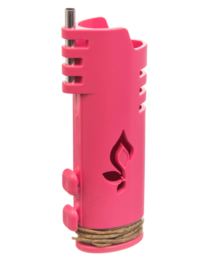A side view of the Hemplights Wrapper Lighter Case in vibrant pink, showing its textured grip and protective shell.