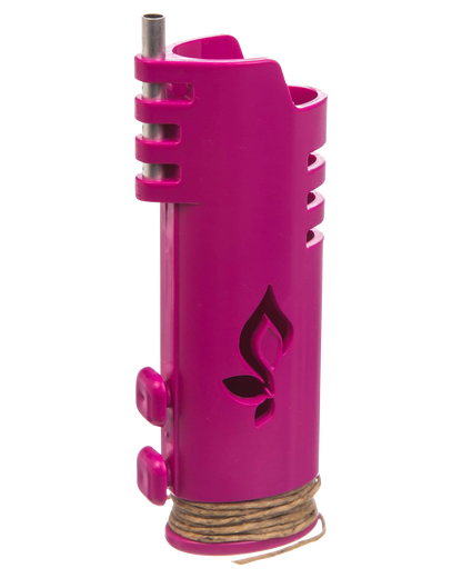 A close-up, angled view of the Hemplights Wrapper Lighter Case, showing its pink, textured exterior and rounded button details.