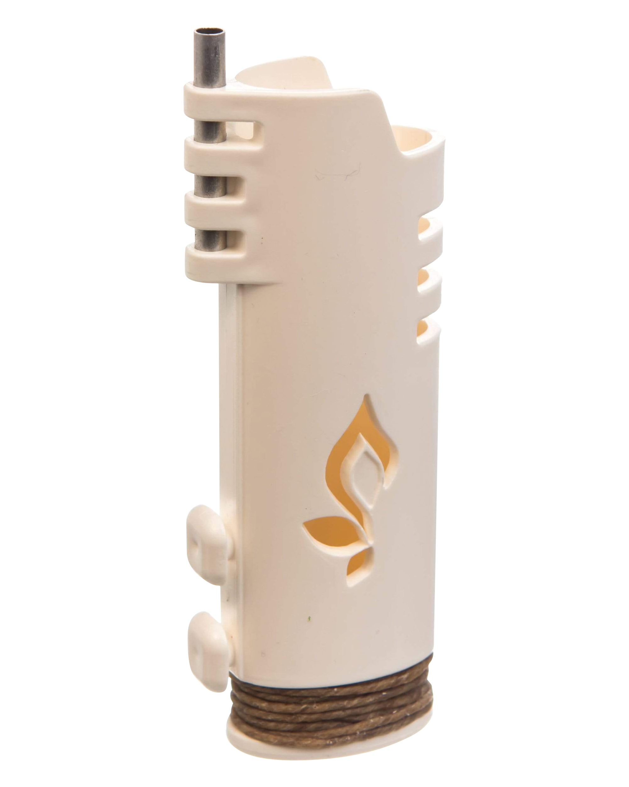 A slightly angled view of the Hemplights Wrapper Lighter Case, a white silicone wrap protecting a metal lighter.