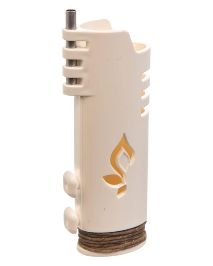 A slightly angled view of the Hemplights Wrapper Lighter Case, a white silicone wrap protecting a metal lighter.