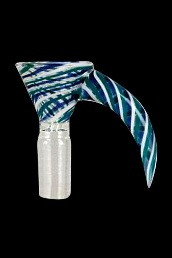 Glass cannabis bowl with green and white swirl pattern.