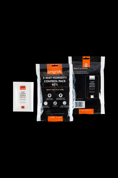 Onopak 2-way humidity control packs for preserving cannabis, shown in retail packaging.