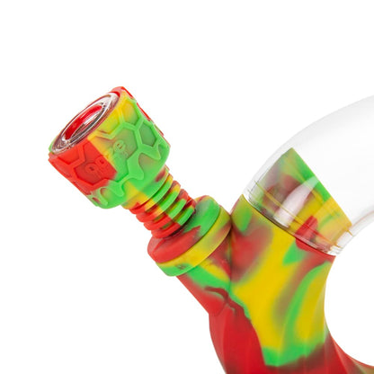 Close-up of a colorful silicone bubbler with a glass bowl.