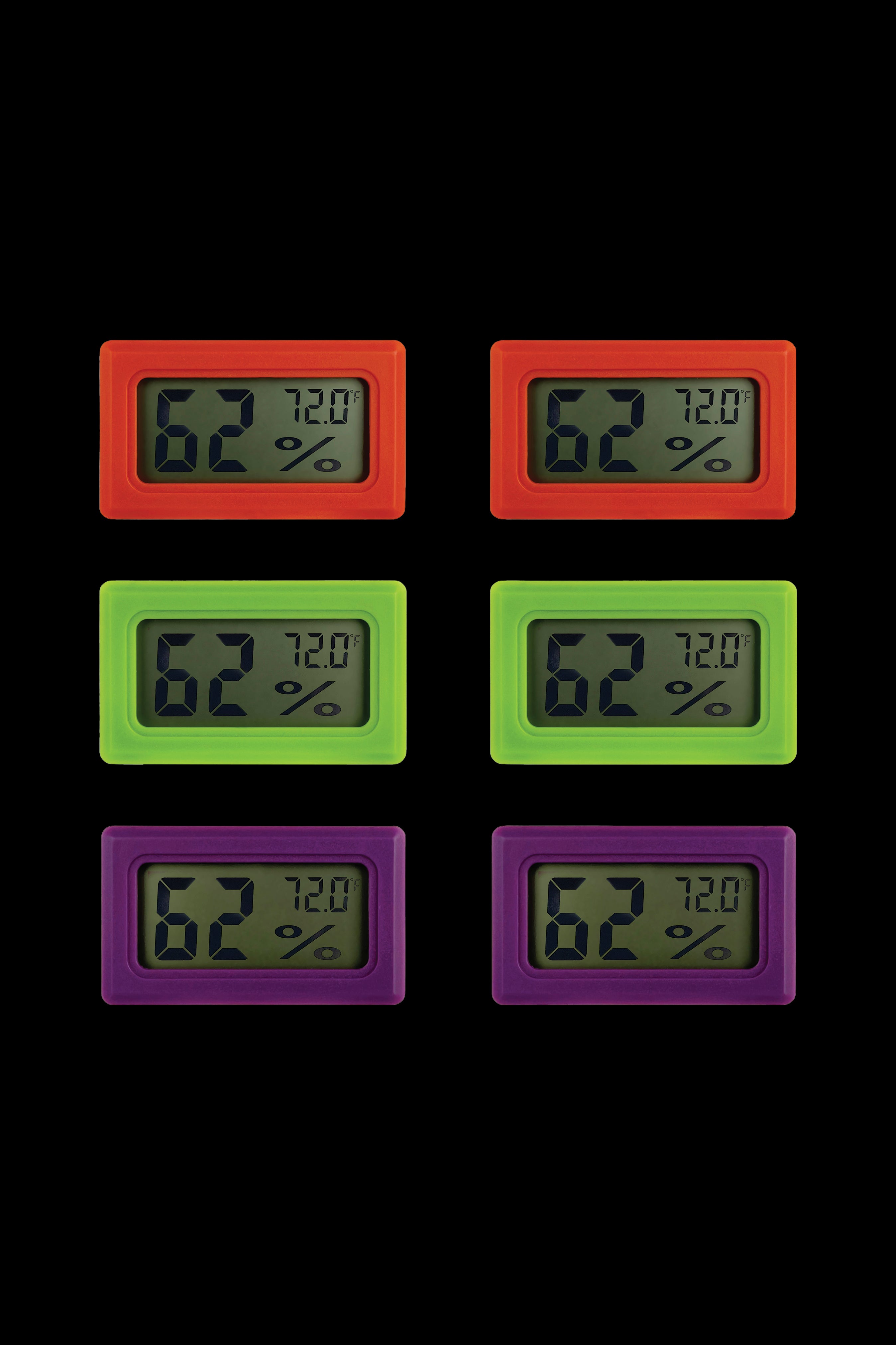 Digital hygrometers displaying 62% humidity and 72°F, in red, green, and purple casings."