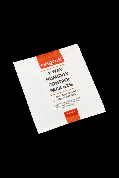 Close-up of Ongrok 62% 2-way humidity control pack for preserving up to 1/2 oz of dry herbs, labeled as 4 grams.