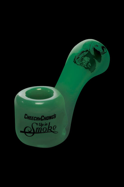 A detailed side view of the Cheech & Chong Glass Sherlock Pipe, showcasing its curved design and clear glass construction.
