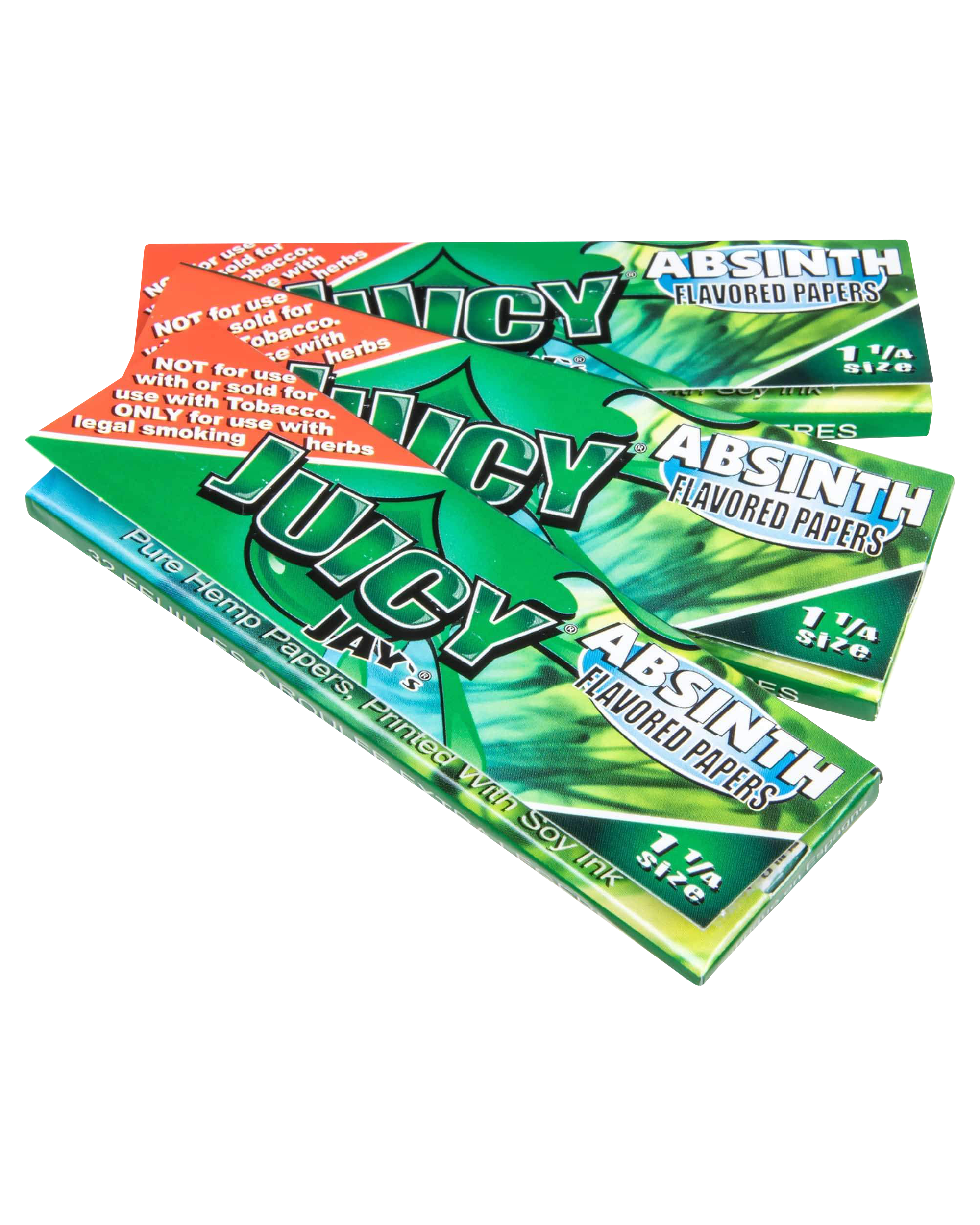 Close-up of a pack of Juicy Jay's Classic Size Flavored Rolling Papers with bold lettering and a colorful design, angled slightly upwards.