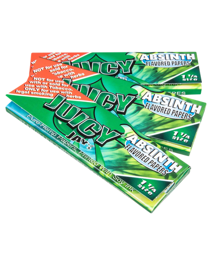 Close-up of a pack of Juicy Jay's Classic Size Flavored Rolling Papers with bold lettering and a colorful design, angled slightly upwards.