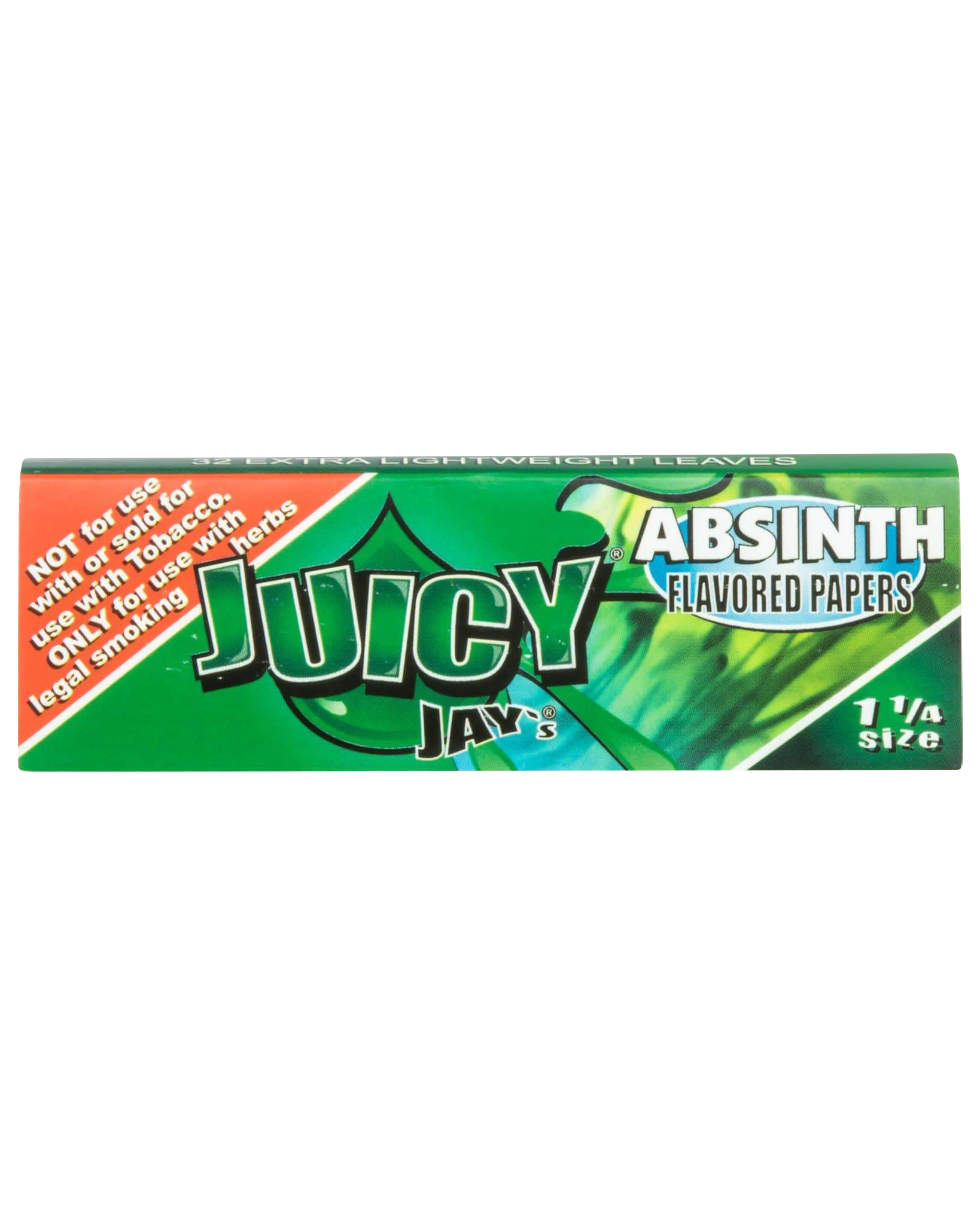 A close-up of the packaging for Juicy Jay's Classic Size Flavored Rolling Papers, featuring a vibrant green and gold design.