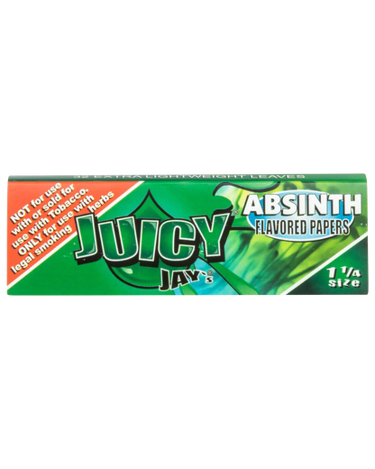 A close-up of the packaging for Juicy Jay's Classic Size Flavored Rolling Papers, featuring a vibrant green and gold design.