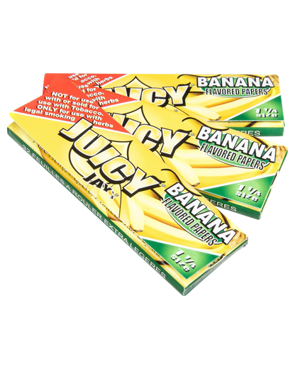 A brightly-colored package of Juicy Jay's Classic Size Flavored Rolling Papers is displayed at a slight angle, showing the brand logo and product name.