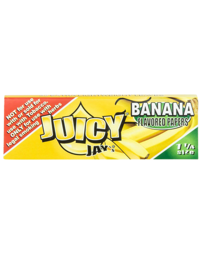A close-up of the colorful packaging for Juicy Jay's Classic Size Flavored Rolling Papers, displaying a banana flavor design.