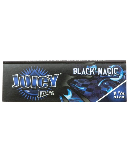 A close-up of the colorful packaging for Juicy Jay's Classic Size Flavored Rolling Papers, displaying a bold logo against a dark background.