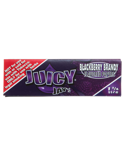 A close-up of Juicy Jay's Classic Size Flavored Rolling Papers, displaying colorful branding against a dark background.