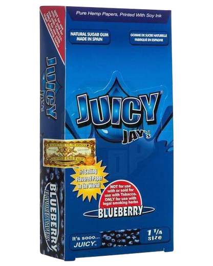 A close-up, slightly angled view of the colorful packaging for Juicy Jay's Classic Size Flavored Rolling Papers, displaying bold branding.