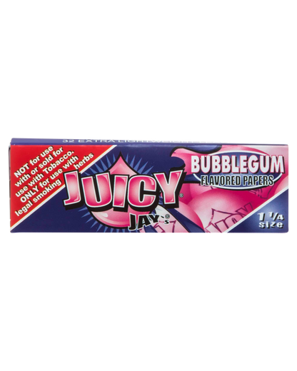 A close-up of the Juicy Jay's Classic Size Flavored Rolling Papers package with a vibrant, angled design.