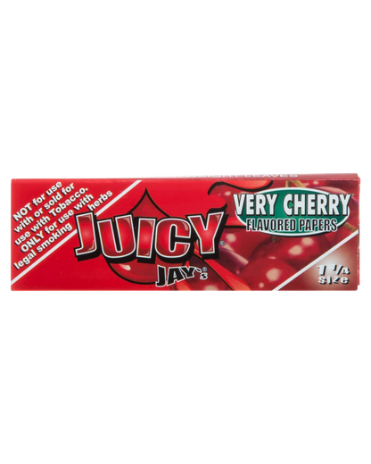 A close-up of the packaging for Juicy Jay's Classic Size Flavored Rolling Papers, displaying bold lettering and vibrant colors.