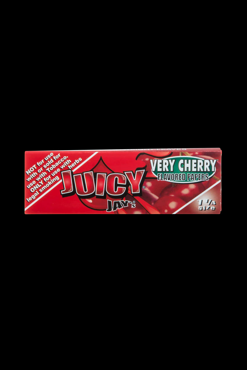 Front view of a pack of Juicy Jay's Classic Size Flavored Rolling Papers, showcasing bold red branding and a patterned design.