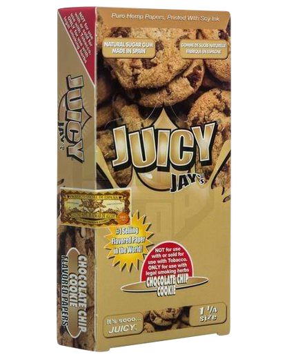 A front view of Juicy Jay's Classic Size Flavored Rolling Papers packaging, featuring colorful graphics and text on a white background.