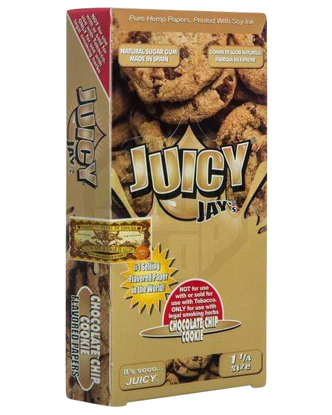 A front view of Juicy Jay's Classic Size Flavored Rolling Papers packaging, featuring colorful graphics and text on a white background.