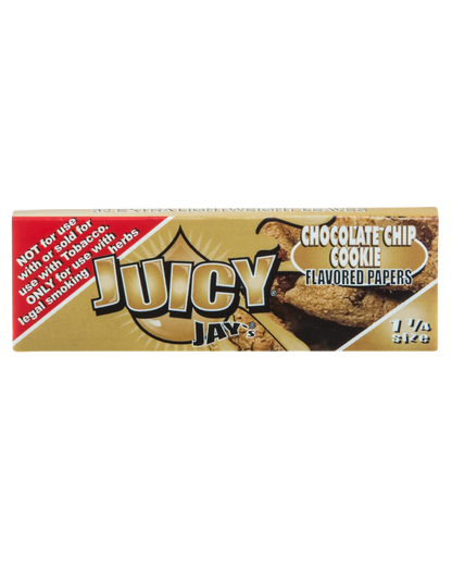 Front view of a pack of Juicy Jay's Classic Size Flavored Rolling Papers with a patterned design against a dark background.