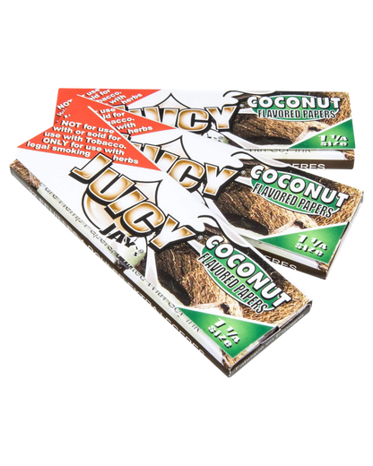 A close-up, angled view of Juicy Jay's Classic Size Flavored Rolling Papers packaging with a colorful coconut flavor design.