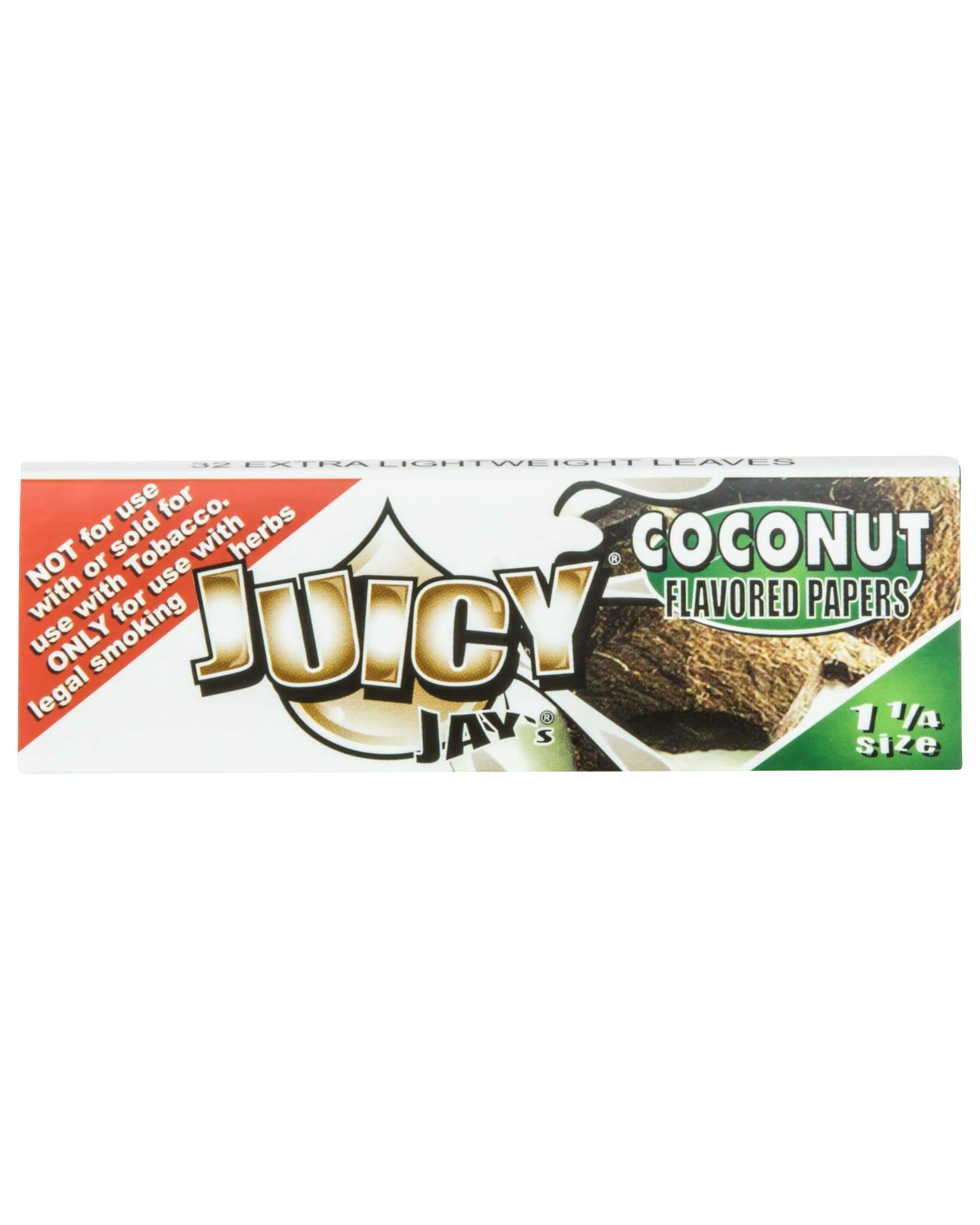 A close-up of Juicy Jay's Classic Size Flavored Rolling Papers package, displaying a colorful coconut design on a dark background.