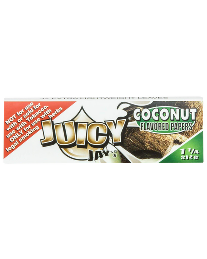 A close-up of Juicy Jay's Classic Size Flavored Rolling Papers package, displaying a colorful coconut design on a dark background.