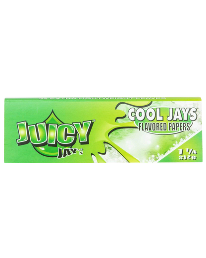 A close-up of a package of Juicy Jay's Classic Size Flavored Rolling Papers, displaying colorful branding against a white background.