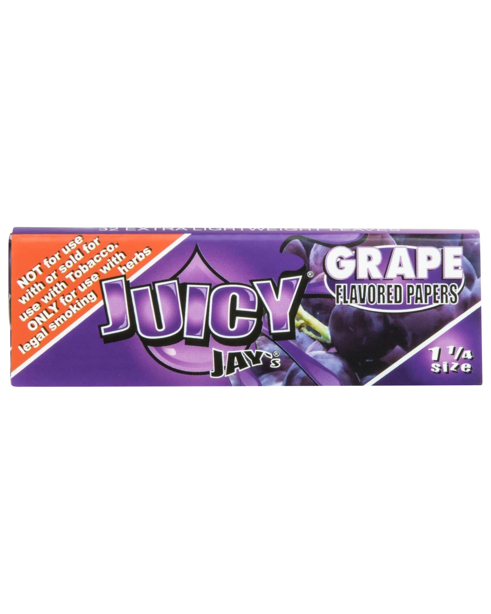 A close-up of Juicy Jay's Classic Size Flavored Rolling Papers, displaying a grape-flavored pattern on a colorful packet.