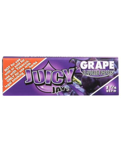 A close-up of Juicy Jay's Classic Size Flavored Rolling Papers, displaying a grape-flavored pattern on a colorful packet.