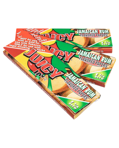 A close-up of Juicy Jay's Classic Size Flavored Rolling Papers package with bold graphics and colorful text.