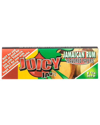 A close-up of Juicy Jay's Classic Size Flavored Rolling Papers package, displaying a colorful design against a dark background.