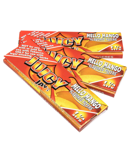 A slightly angled close-up of Juicy Jay's Classic Size Flavored Rolling Papers packaging with a mango design.