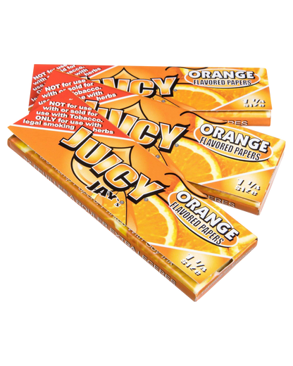 A close-up of a pack of Juicy Jay's Classic Size Flavored Rolling Papers, displaying bold orange branding and a patterned design.