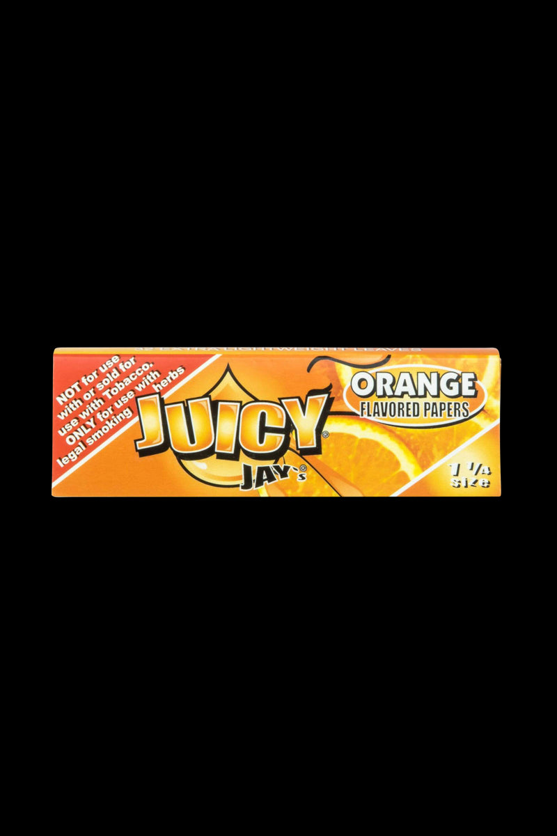 Front view of Juicy Jay's Classic Size Flavored Rolling Papers package, displaying vibrant orange branding and text details.
