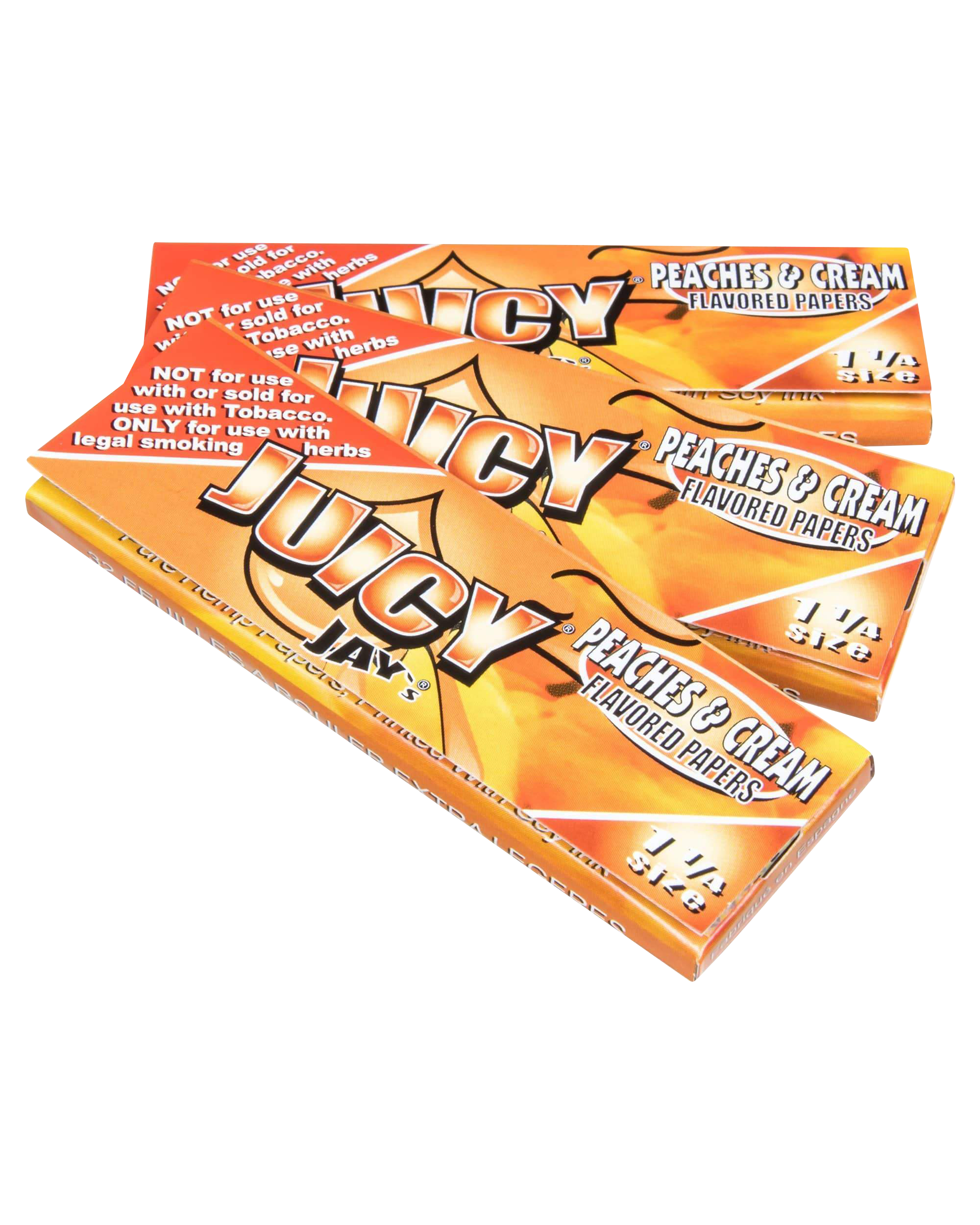 Close-up of Juicy Jay's Classic Size Flavored Rolling Papers, stacked and displaying peach-themed artwork.