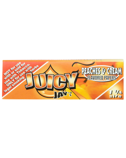 A close-up of Juicy Jay's Classic Size Flavored Rolling Papers, displaying colorful branding against a white backdrop.