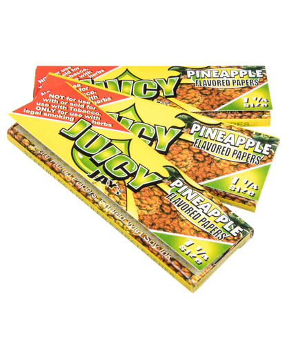 A close-up of the package for Juicy Jay's Classic Size Flavored Rolling Papers, displaying colorful branding and a top-down view.