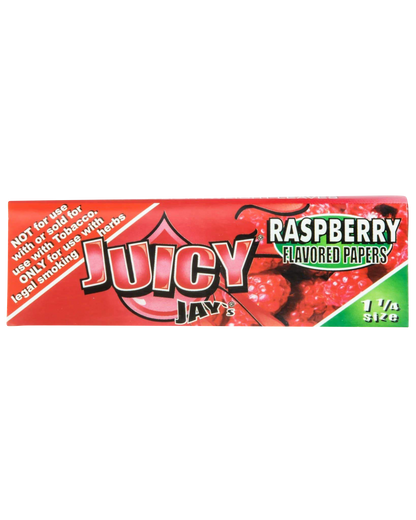 A close-up of Juicy Jay's Classic Size Flavored Rolling Papers with a red raspberry pattern against a white background.