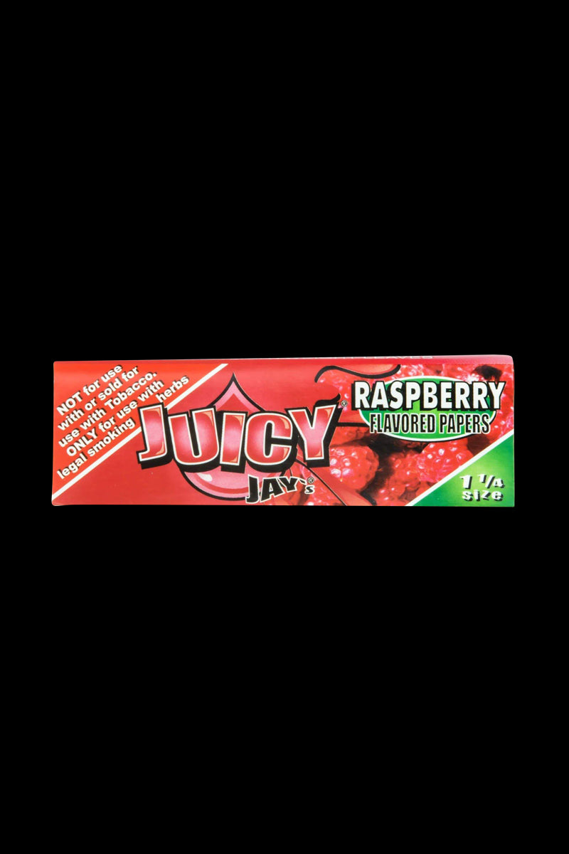 A close-up of the colorful packaging for Juicy Jay's Classic Size Flavored Rolling Papers, displaying the brand logo and product name.