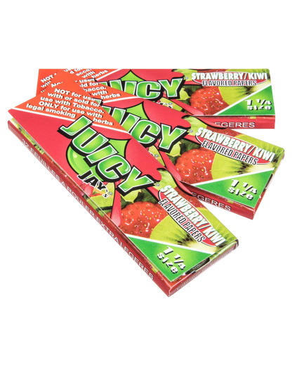 A slightly angled close-up of Juicy Jay's Classic Size Flavored Rolling Papers packaging, showing colorful branding and text details.