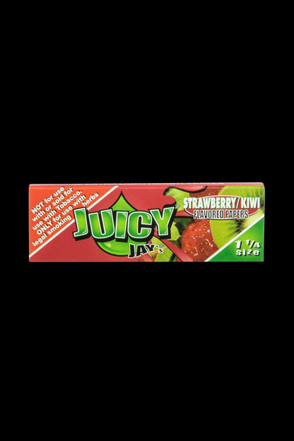 A close-up of the colorful packaging for Juicy Jay's Classic Size Flavored Rolling Papers, angled slightly from above.