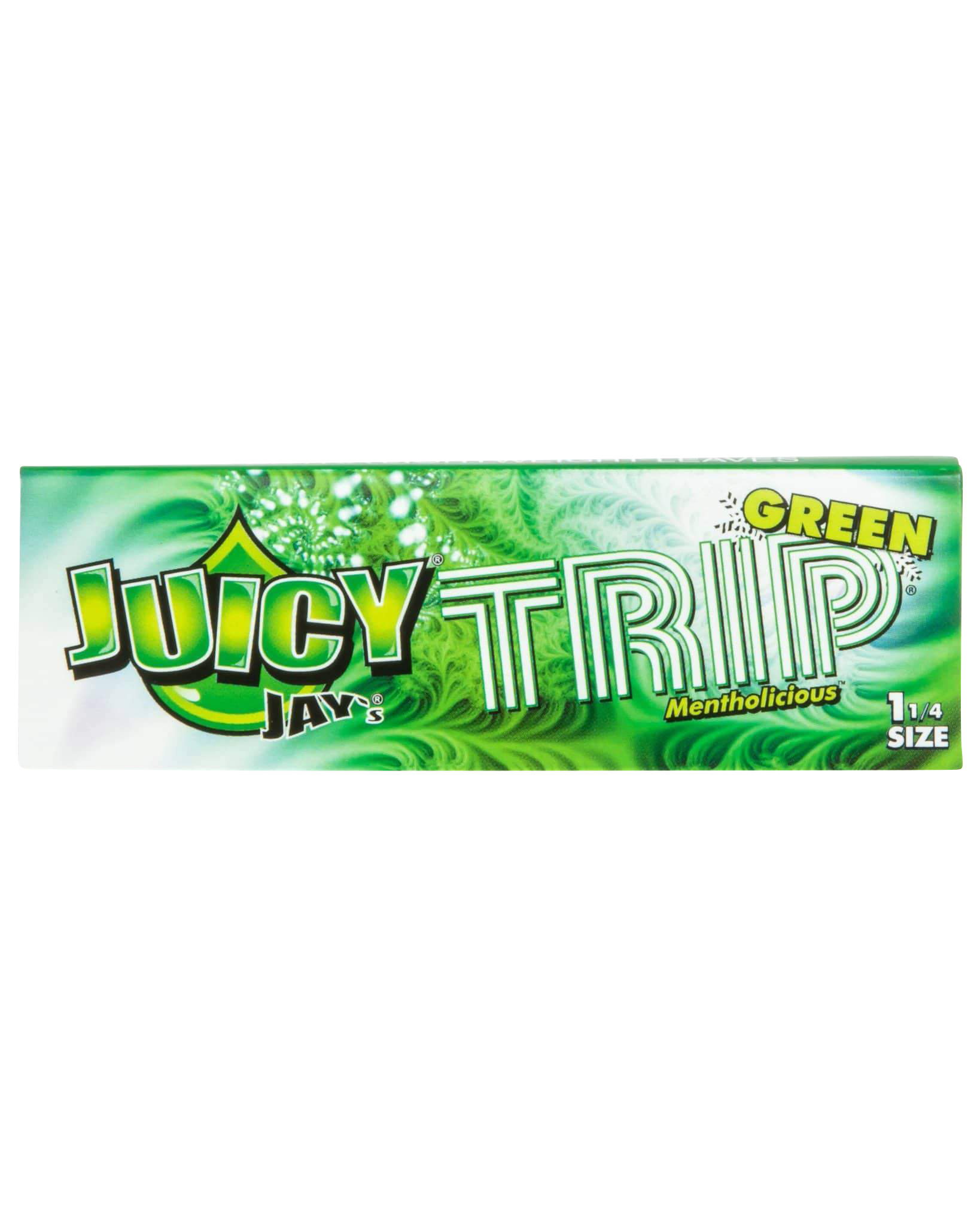 Close-up of a pack of Juicy Jay's Classic Size Flavored Rolling Papers, showing colorful branding against a light background.