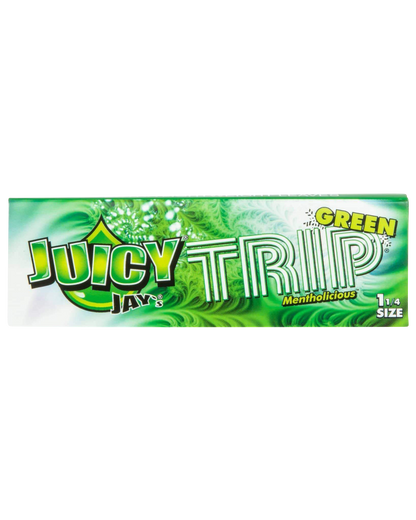 Close-up of a pack of Juicy Jay's Classic Size Flavored Rolling Papers, showing colorful branding against a light background.